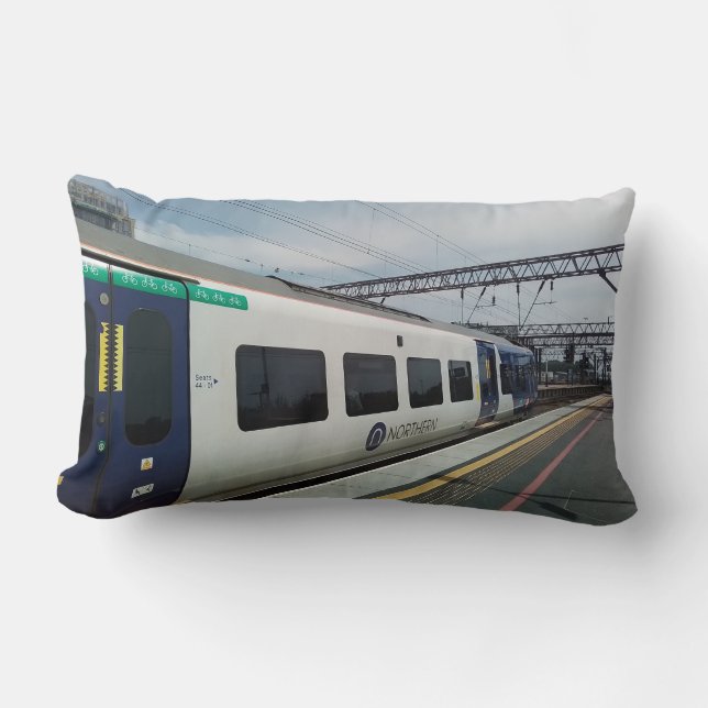 Blue and white train  lumbar cushion (Front)