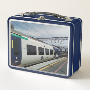Blue and white train  metal lunch box