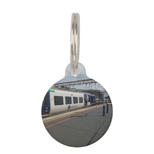 Blue and white train pet tag