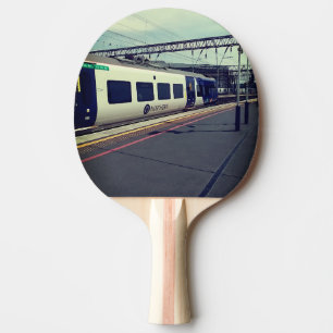 Blue and white train ping pong paddle