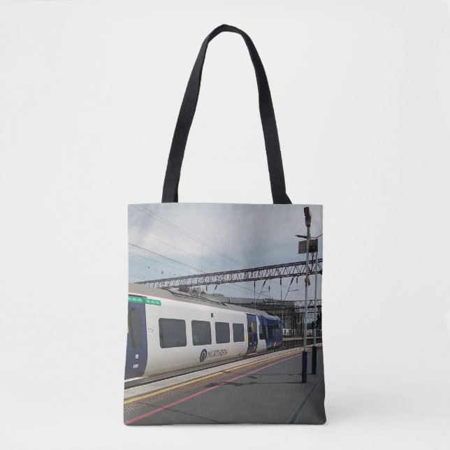 Blue and white train tote bag (Front)
