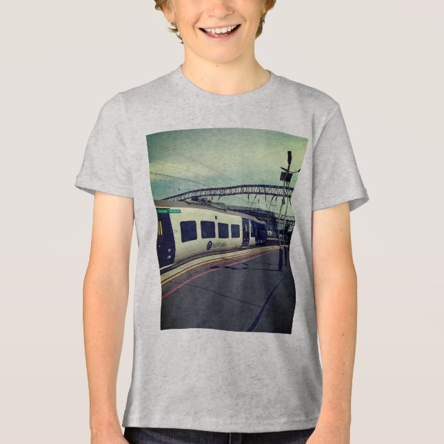 Blue and white train Tri-Blend shirt (Front)