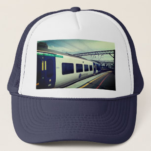 Blue and white train trucker hat