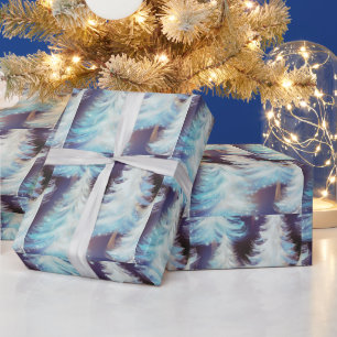 Blue and White Trees Modern Christmas Wrapping Paper