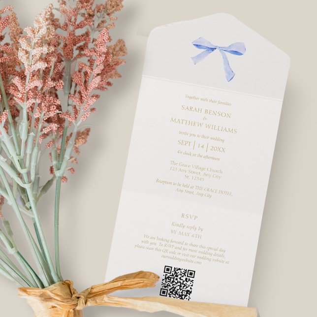Blue and White | Trendy Ribbon Wedding OR All In One Invitation (Creator Uploaded)
