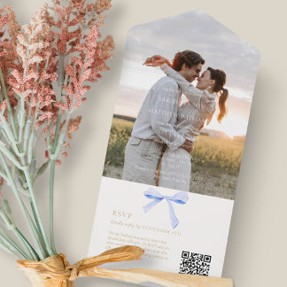 Blue and White | Trendy Ribbon Wedding OR All In One Invitation