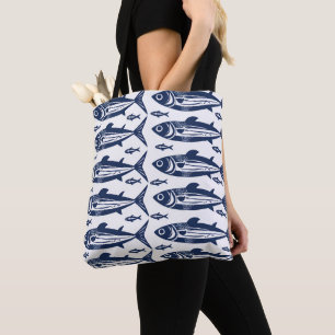 Blue and White Trendy Sardine Fish Tote Bag