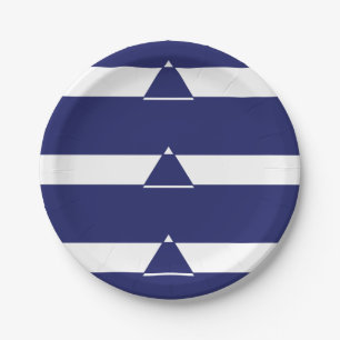 Blue and white triangle shaped paper plate