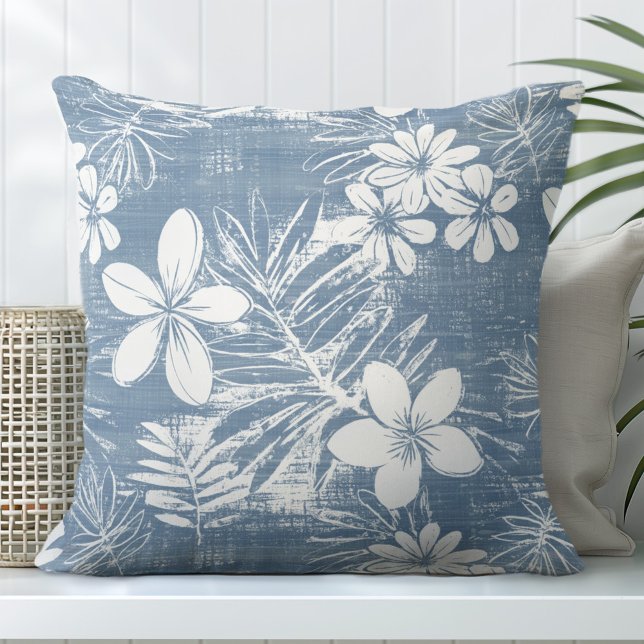 Blue and White Tropical Flowers Throw Pillow (Creator Uploaded)