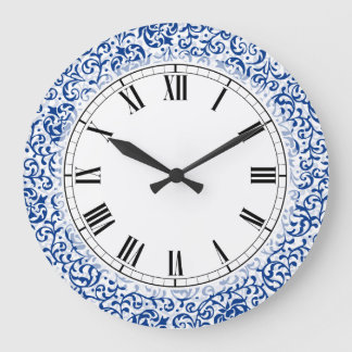 Blue and White Tudor Rose Damask Large Clock