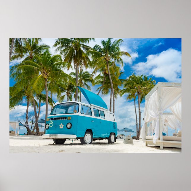 Blue and white van on beach poster (Front)
