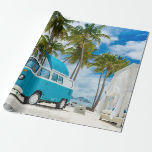 Blue and white van on beach wrapping paper