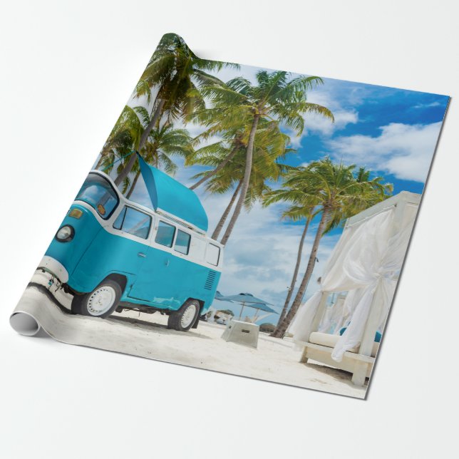 Blue and white van on beach wrapping paper (Unrolled)