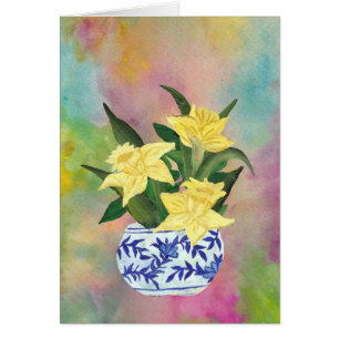 Blue and white vase with daffodils