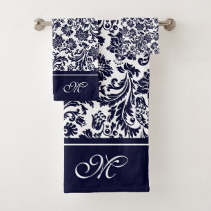 Blue and white vintage damasks monogram bath tow towel set