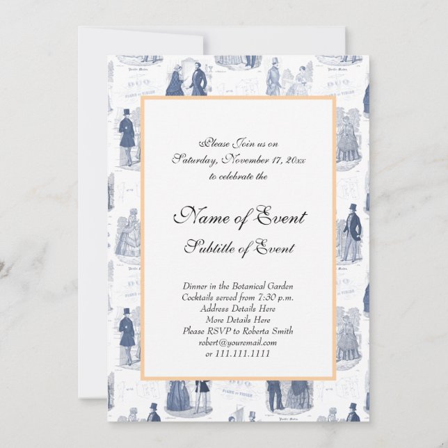 Blue and White Vintage Fashion French Toile Invitation (Back)