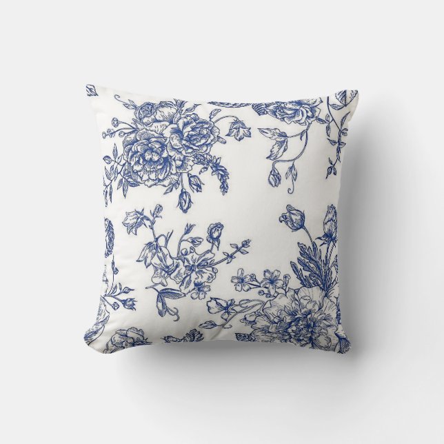 Blue and white vintage floral accent pillow (Front)
