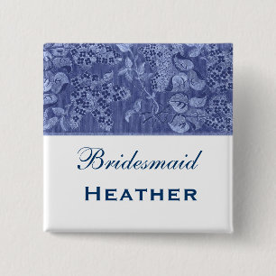 Blue and White Vintage Flowers Bridesmaid 15 Cm Square Badge