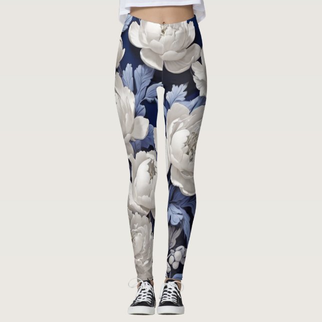 Blue And White Vintage  Leggings (Front)