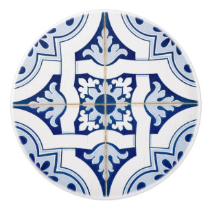 Blue and White Vintage Tile Look Ceramic Knob