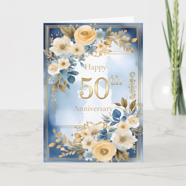 Blue and White Watercolor 50th Wedding Anniversary Card (Front)