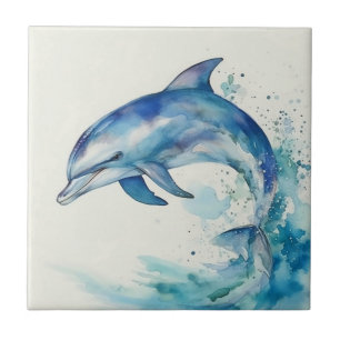 Blue and White Watercolor Dolphin Tile