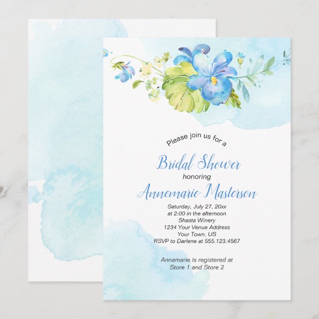 Blue and White Watercolor Floral Bridal Shower Invitation (Front/Back)