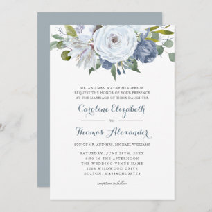 Blue and White Watercolor Floral Elegant Wedding Invitation