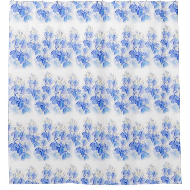Blue and white watercolor floral lobelia shower curtain (Front)