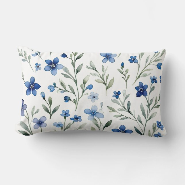 Blue and white Watercolor Floral Lumbar Cushion (Front)