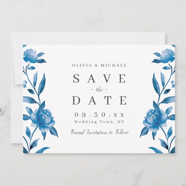 Blue and white watercolor floral save the date (Front)