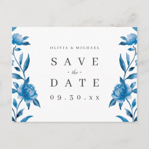 Blue and white watercolor floral save the date announcement postcard