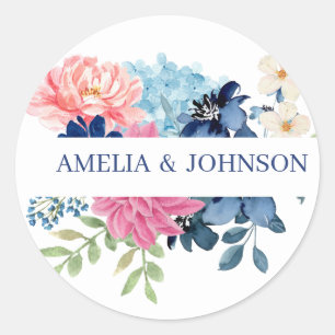 Blue and white watercolor floral wedding classic round sticker