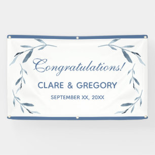 Blue and White Watercolor Leaves Wedding Banner