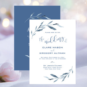 Blue and White Watercolor Leaves Wedding  Invitation