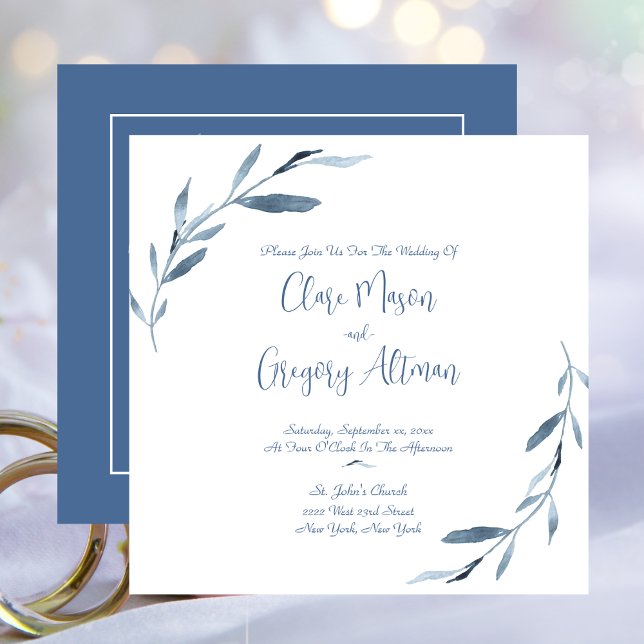 Blue and White Watercolor Leaves Wedding  Invitation (Blue Dawn, Watercolor Leaves Wedding Invitation)