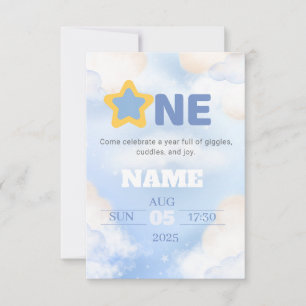 Blue and White Watercolor Minimalist 1st Birthday Invitation