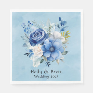 Blue and White Watercolor Peony Floral Wedding Napkin