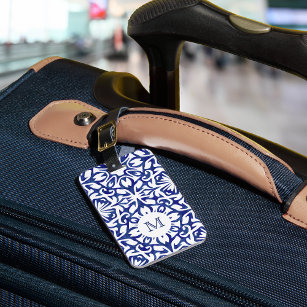 Blue and White Watercolor Spanish Tile Monogram Luggage Tag