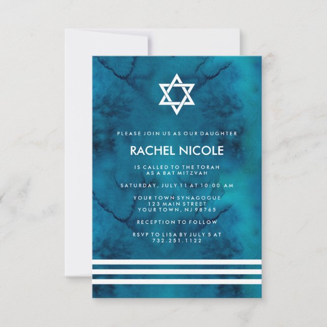 Blue and White Watercolor Stripes Bat Mitzvah Invitation (Front)