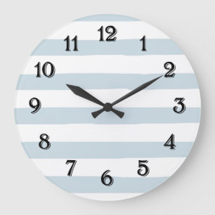 Blue and White Watercolor Stripes Large Clock