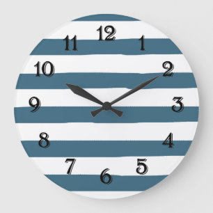 Blue and White Watercolor Stripes Large Clock