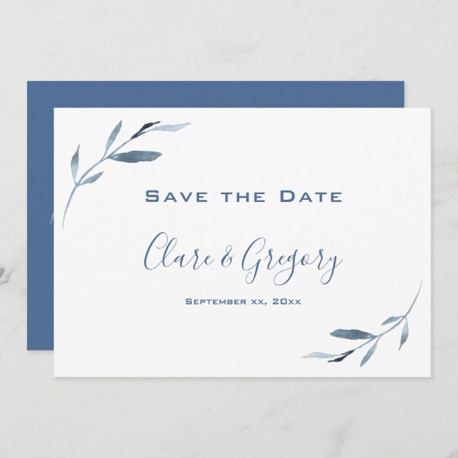 Blue and White Watercolor Wedding Save The Date (Front/Back)