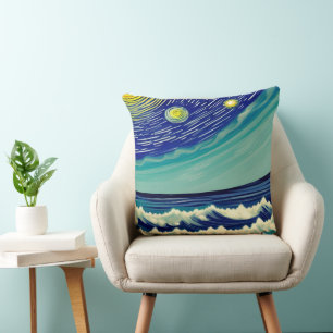 Blue and White Waves Lunar Stars Cushion