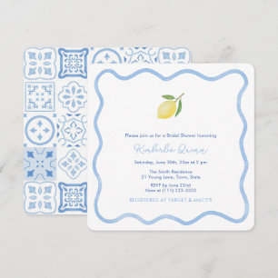 Blue And White Wavy Border Lemon Bridal Shower Invitation