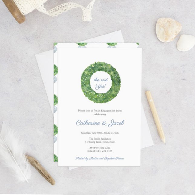 Blue And White Wedding Boxwood Engagement Party Invitation (Creator Uploaded)