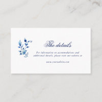 Blue and white wedding details card