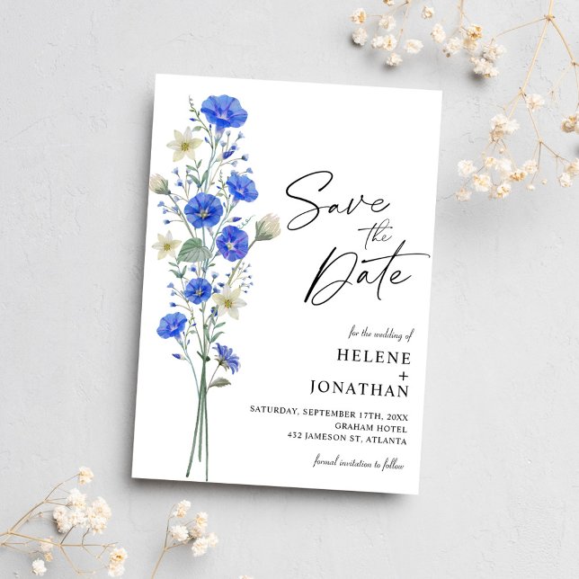 Blue And White Wildflower Elegant Wedding Save The Date (Blue And White Wildflower Elegant Wedding Save The Date)