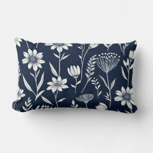 blue and white wildflowers - Block print-style Lumbar Cushion