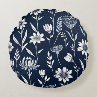 blue and white wildflowers - Block print-style Round Cushion